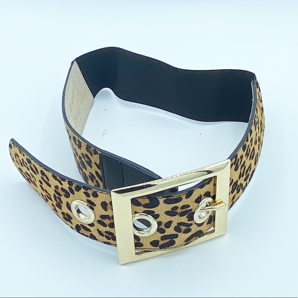 White House Black Market Leopard Print Belt with Gold Buckle